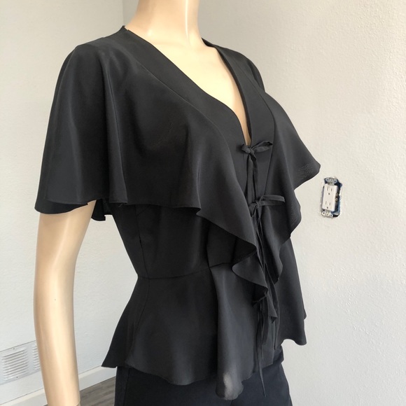 Topshop Tops - TOPSHOP ruffle sleeve V-neck black size:6